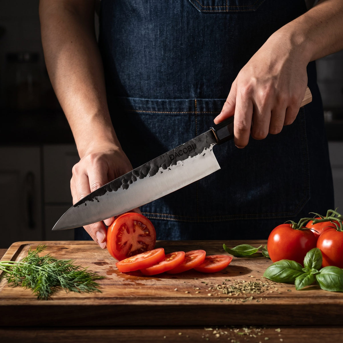 Profesjonalny nóż Gyuto Tsuchime w użyciu podczas krojenia w kuchni