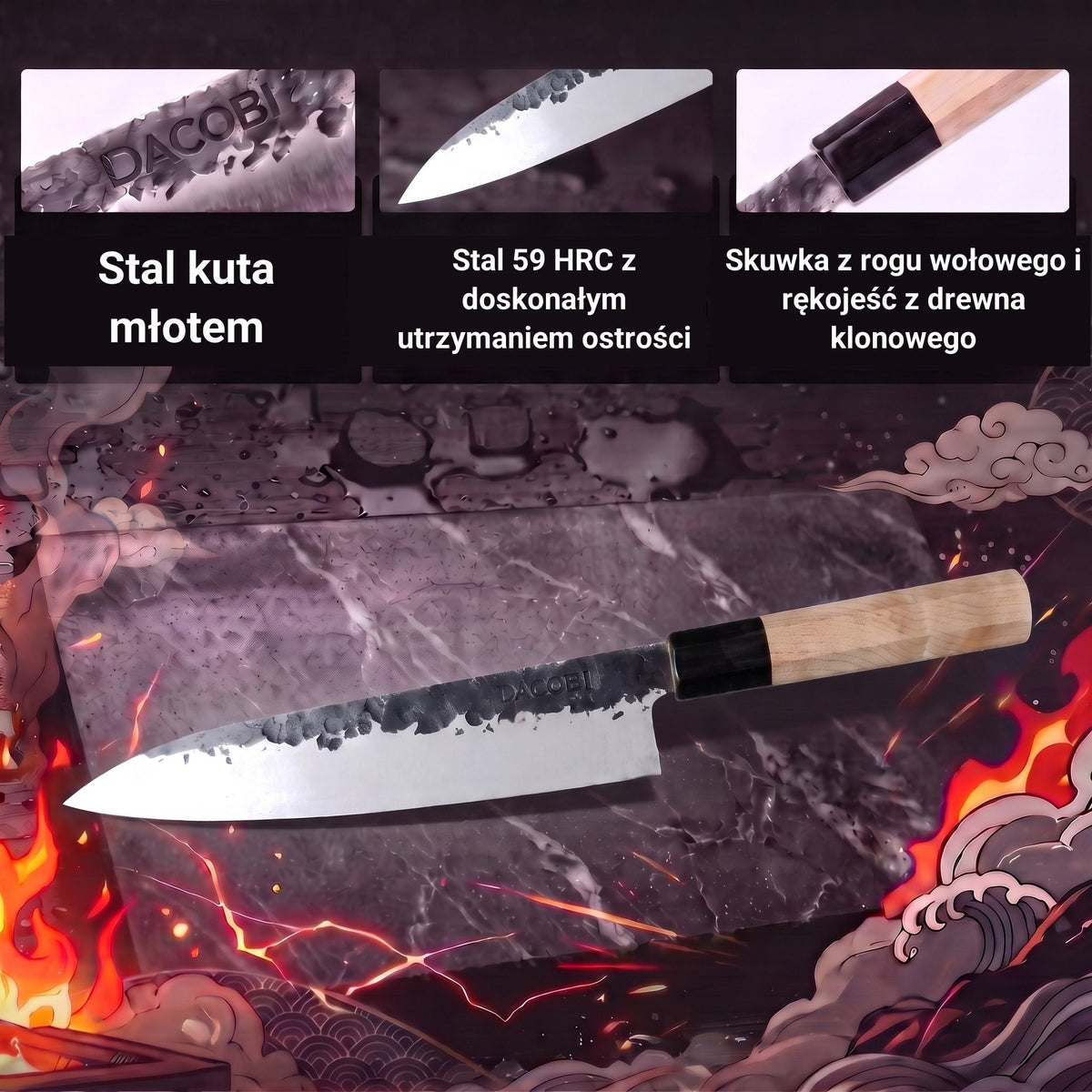 Infografika z cechami profesjonalnego noża Gyuto Tsuchime