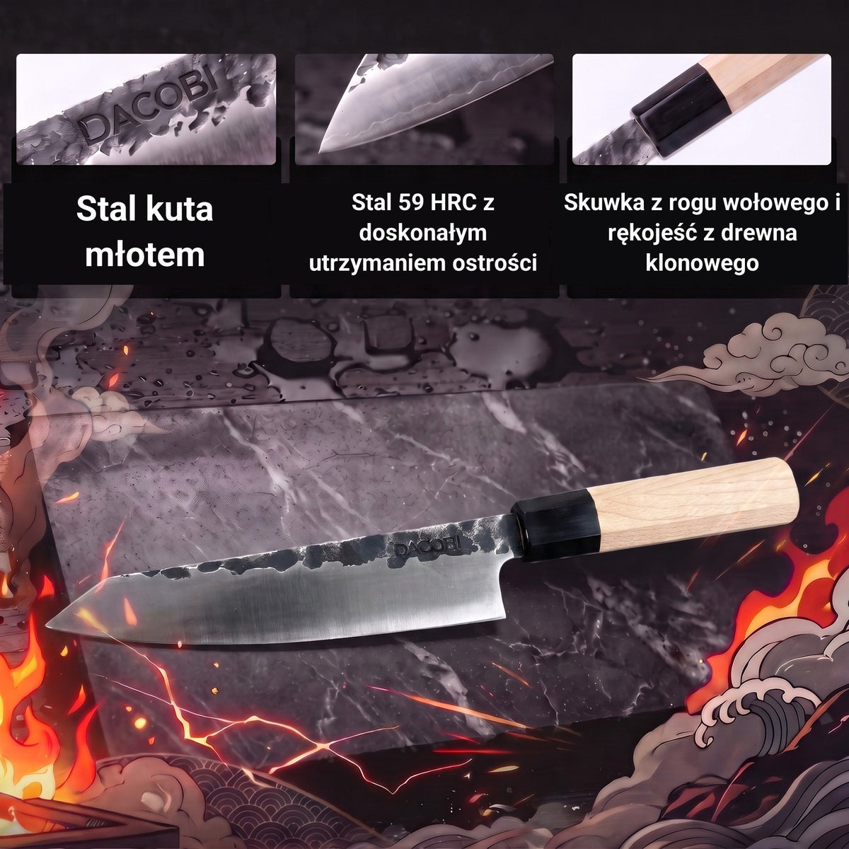 Infografika z cechami profesjonalnego noża Honesuki Tsuchime