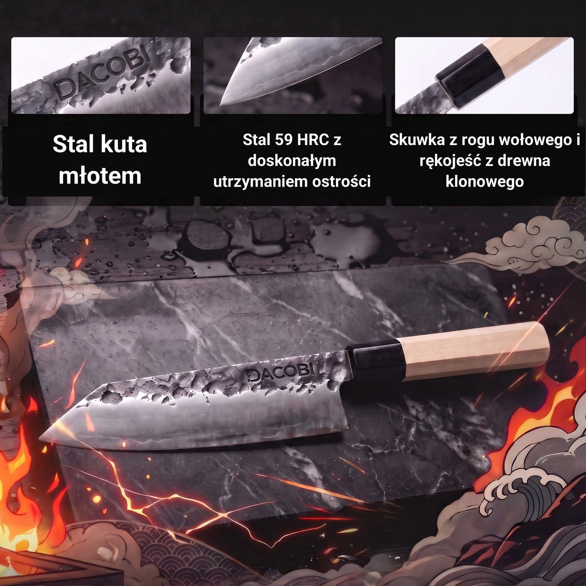 Infografika z cechami profesjonalnego noża Kiritsuke Tsuchime
