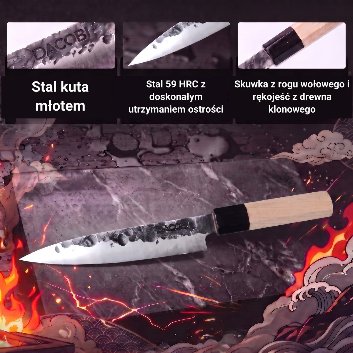 Infografika z cechami profesjonalnego noża uniwersalnego Tsuchime