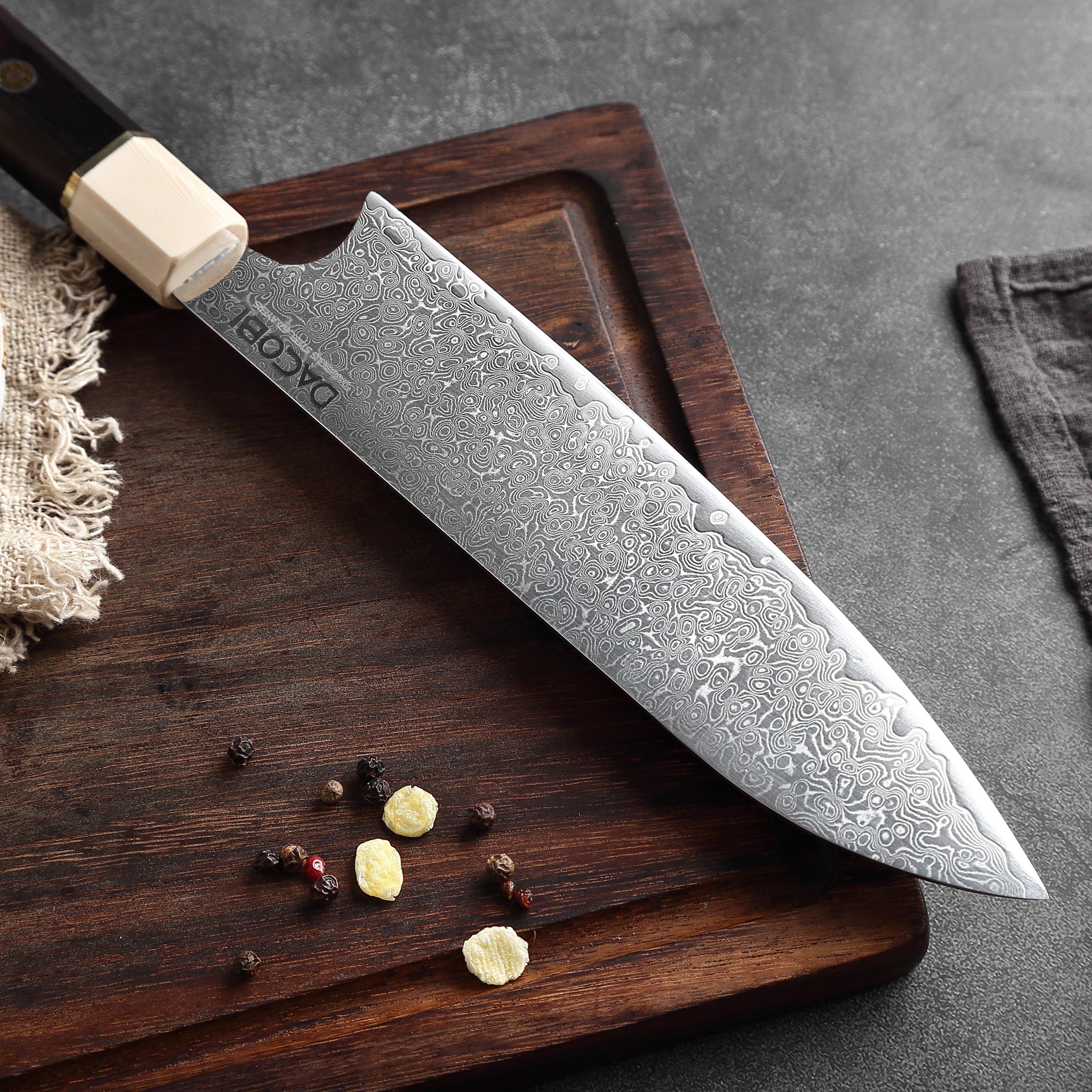 Nóż Santoku C12, stal damasceńska, 20.5 cm - DACOBI.pl